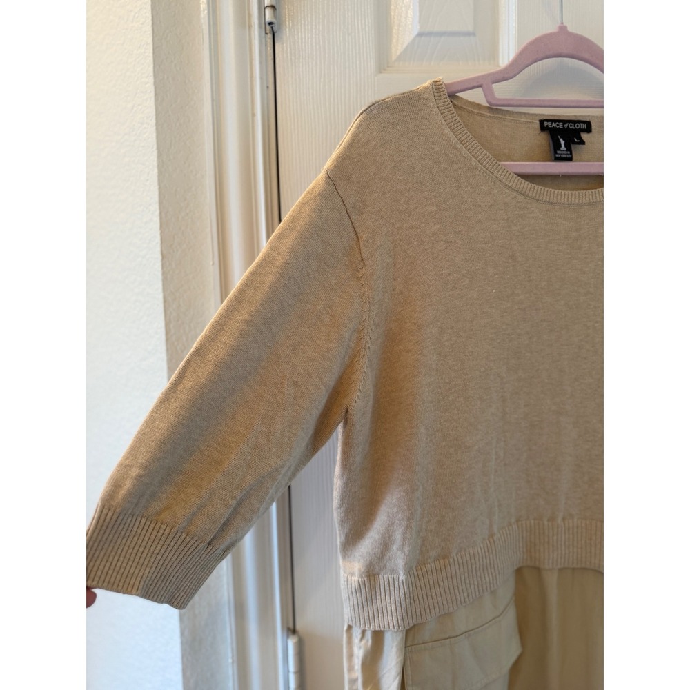 Peace of Cloth L Beige Mixed Media Sweater‎ Tunic Dress Cargo Pockets Cashmere - Picture 5 of 10